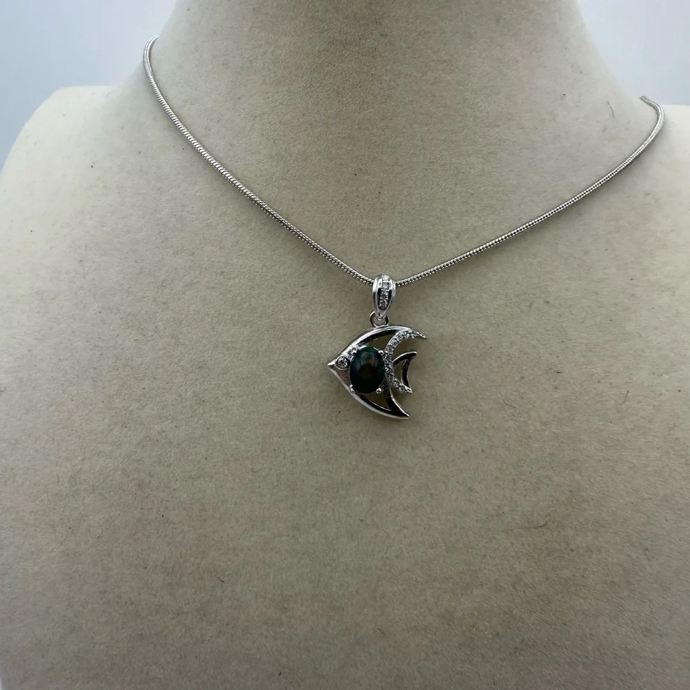 Silver Fish Pendant Necklace with Opal on Chain - Picture 4 of 9